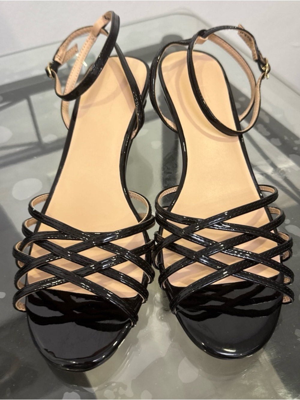LOFT Black Patent Strappy Ankle Strap Sandals